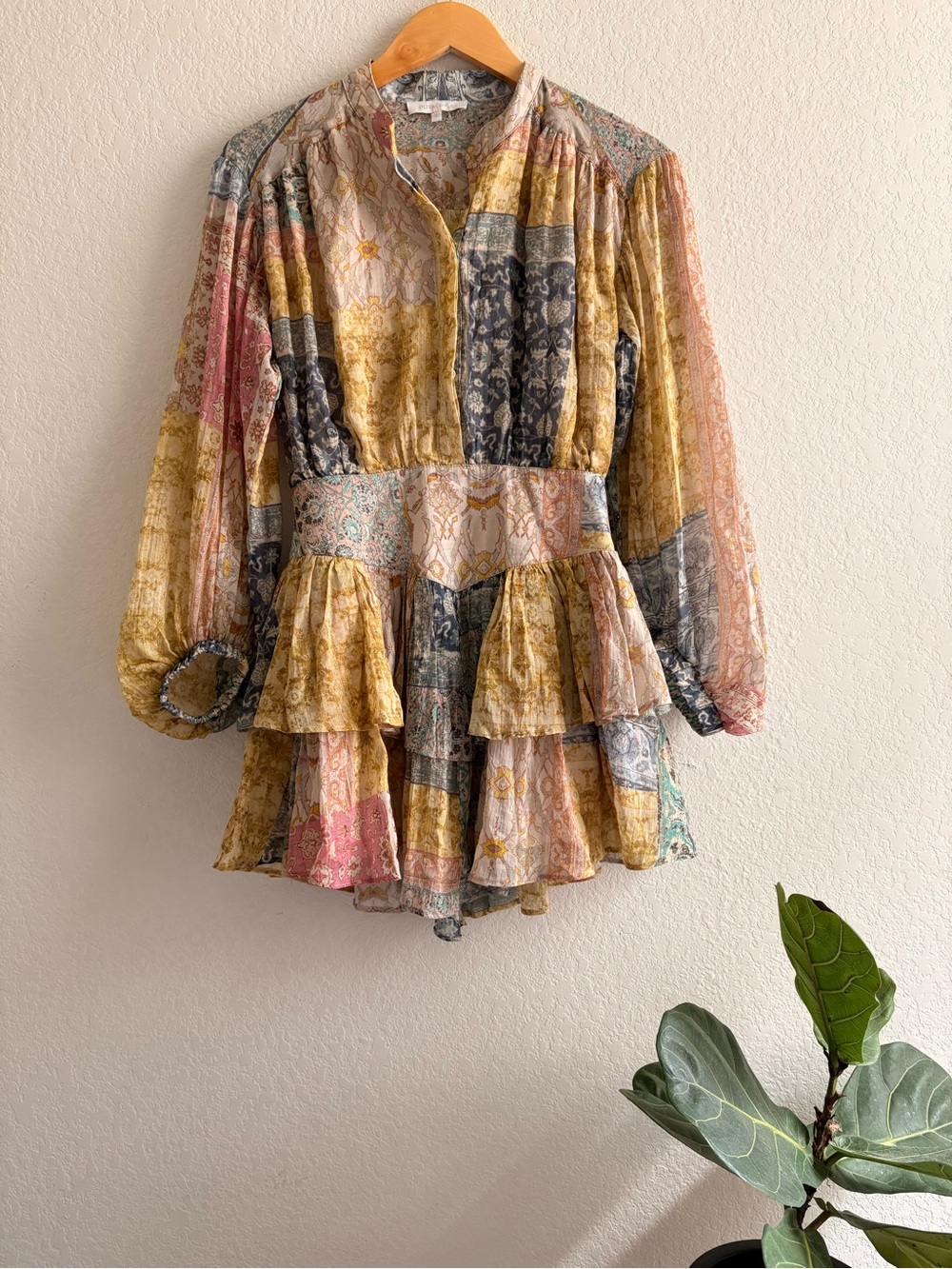 Olivaceous mini dress patchwork 
/boho design with floral and paisley prints  S